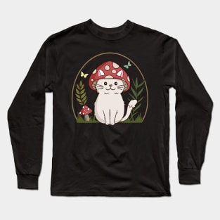 Cute Cat Cottagecore Aesthetic Cat Mushroom Hat Long Sleeve T-Shirt